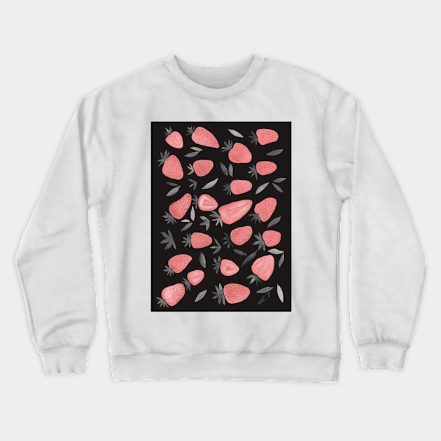 Watercolors strawberries - dusty pink and teal on dark background Crewneck Sweatshirt by wackapacka